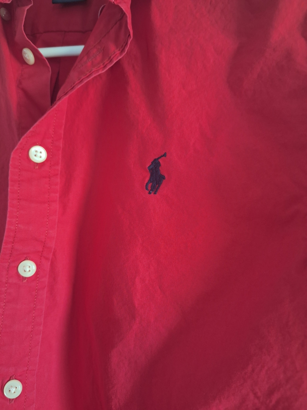 Ralph Lauren Men's Red Button-Down Shirt with Navy Logo